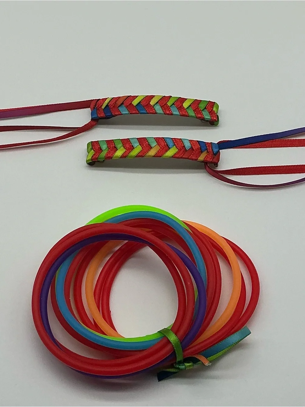 Red and Rainbow 80s Barrettes & 12 Red and Rainbow Jelly Bracelets